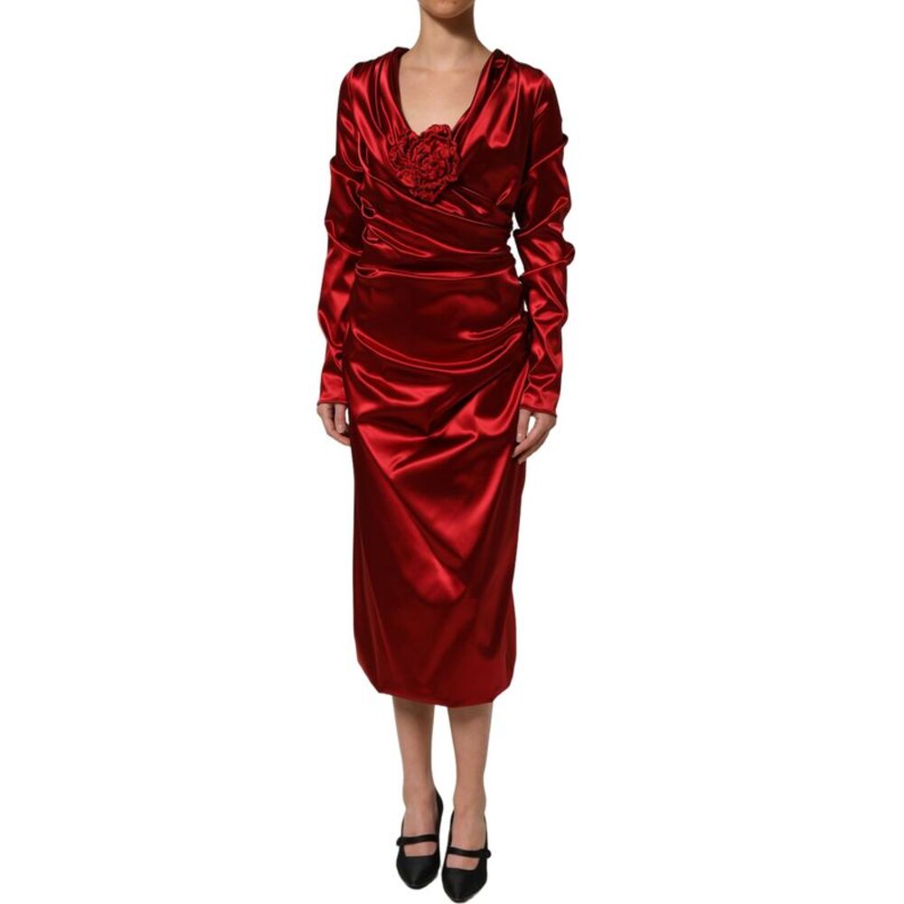 Dolce & Gabbana Red Silk Satin Draped Midi Floral Applique Women's Dress